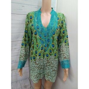 Sol Embroidered Tunic Shirt Peacock Peasant Boho 100% Cotton Turquoise Sz S